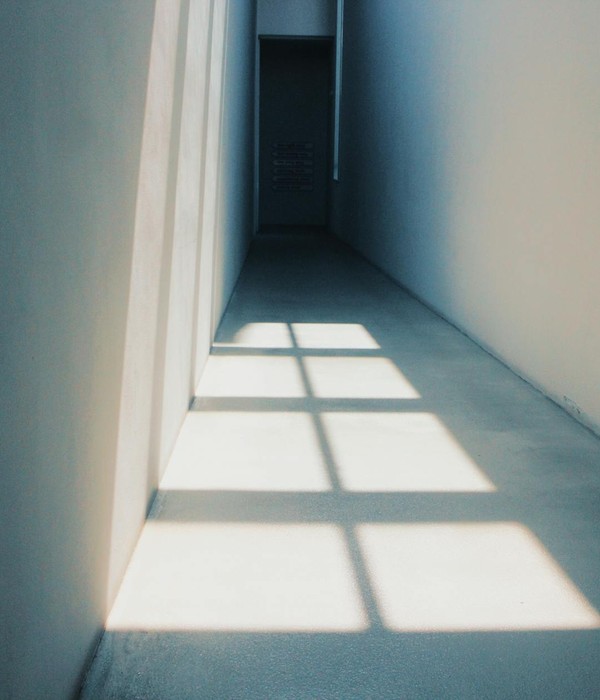 A minimalist hallway interior with sunlight casting geometric shadows.